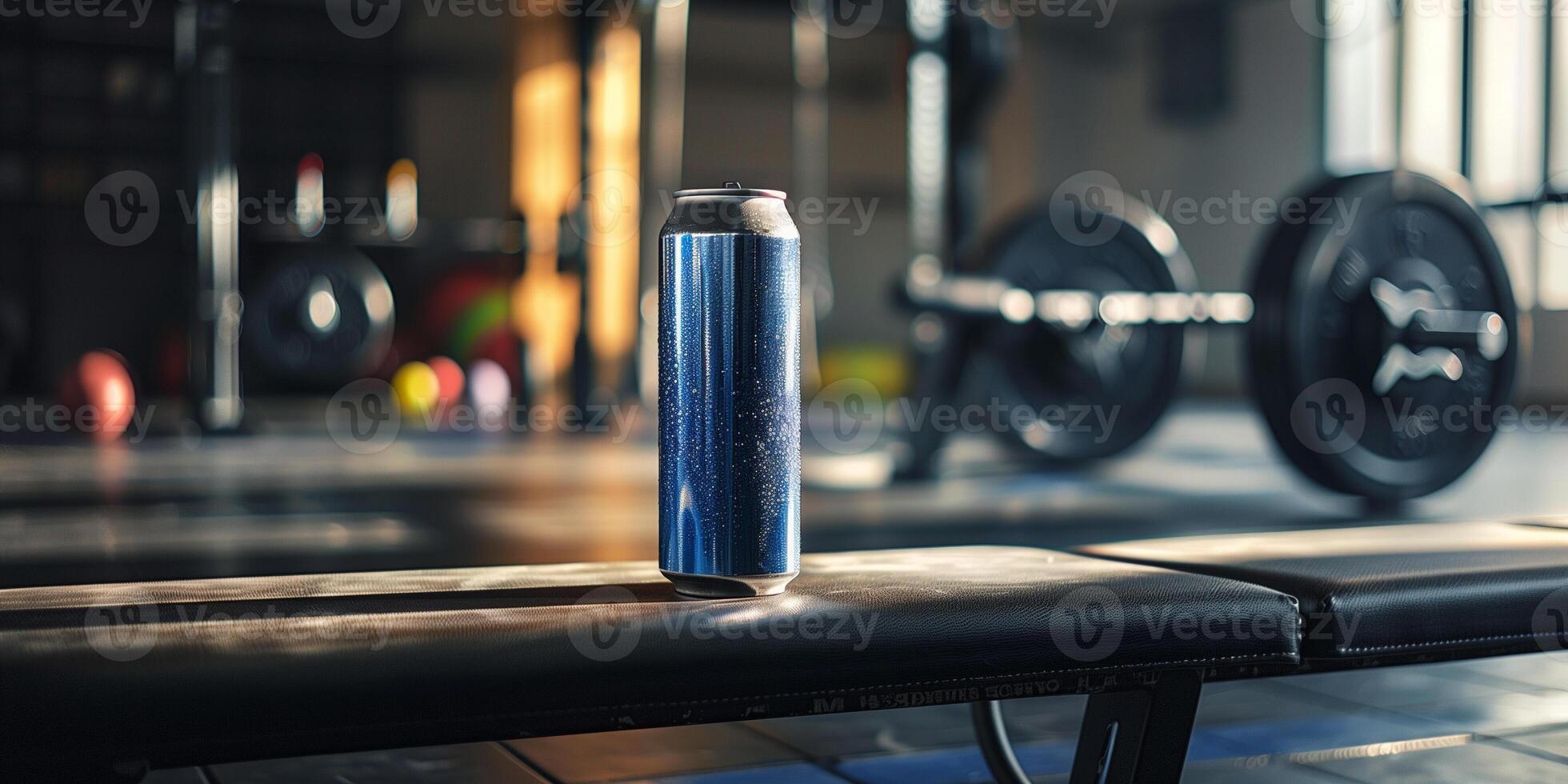 Can of zero-carb energy drink on a gym bench with a barbell in the background, photorealistic food photo