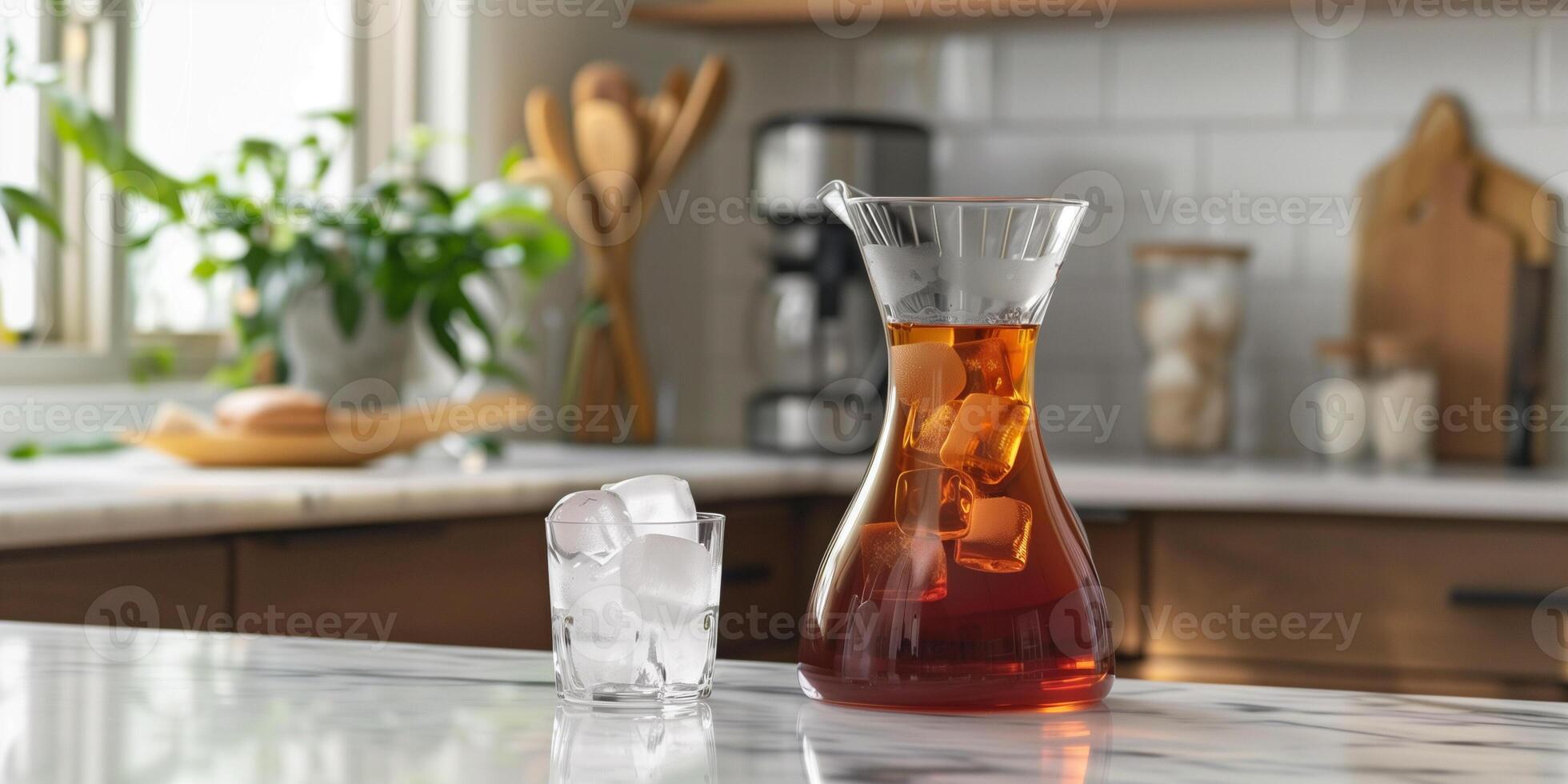 Carafe of cold brew coffee on a kitchen counter near a small glass of ice cubes, gastronomy photography photo