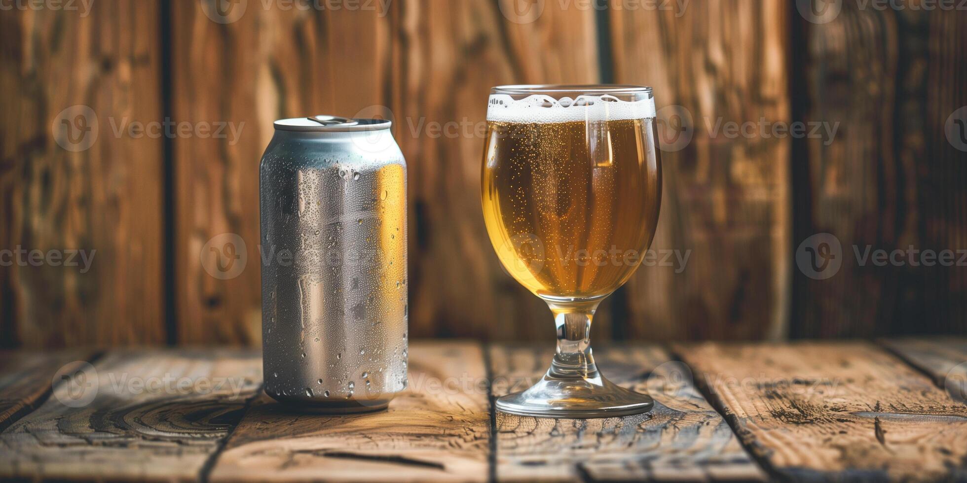 Can of craft beer placed on a rustic wooden surface beside a beer glass, gastronomy photography photo