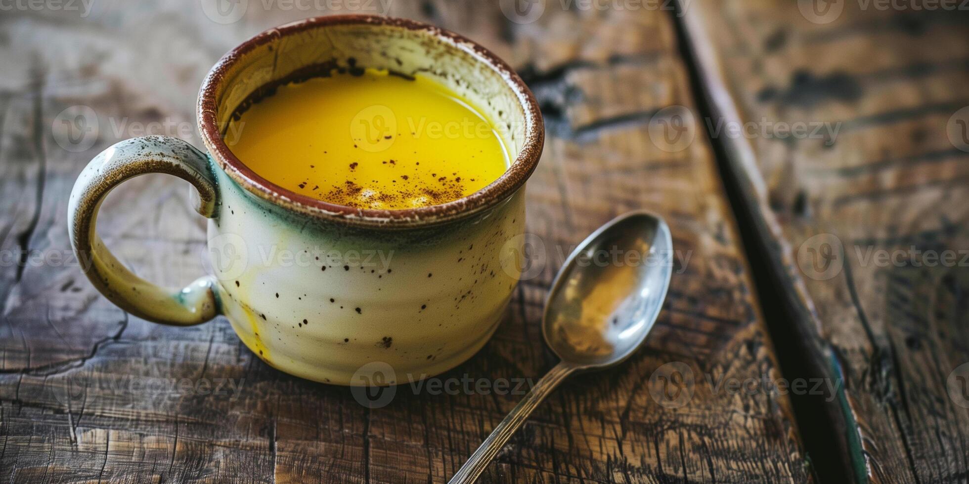 Ceramic mug filled with yellow liquid on wooden table next to spoon, gastronomy photography photo