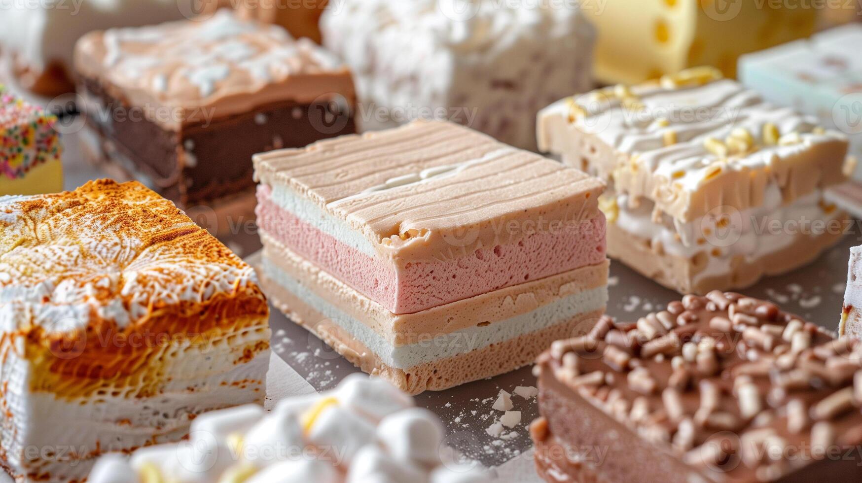 Close-up of gourmet marshmallows with layers and unique textures on a flat surface, gastronomy photography photo