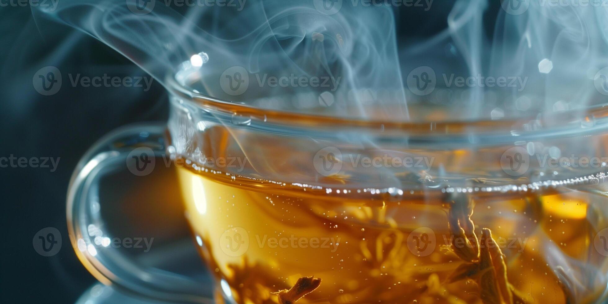 Close-up of herbal tea in a glass cup with steam rising, gastronomy photography photo