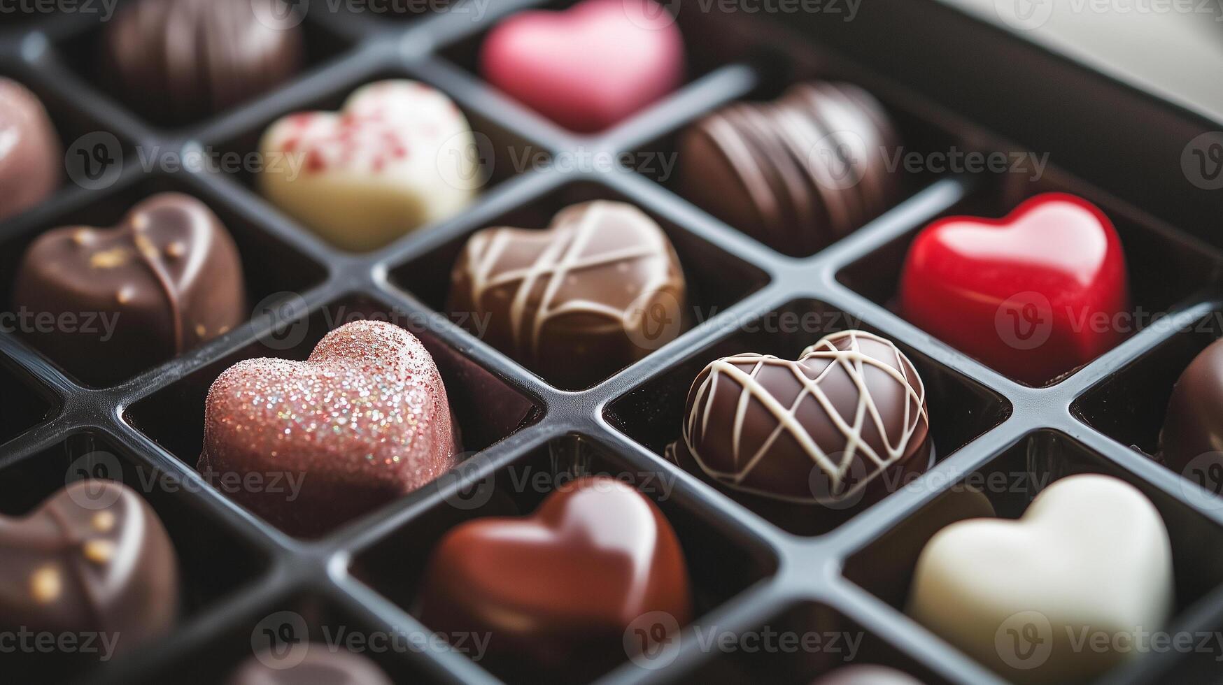 Close-up of heart-shaped chocolates with delicate patterns in a compartmentalized box, photorealistic food photo