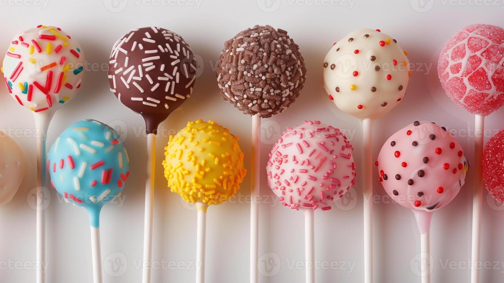 Close-up of various round lollipops with patterns and colors on long sticks, photorealistic food photo