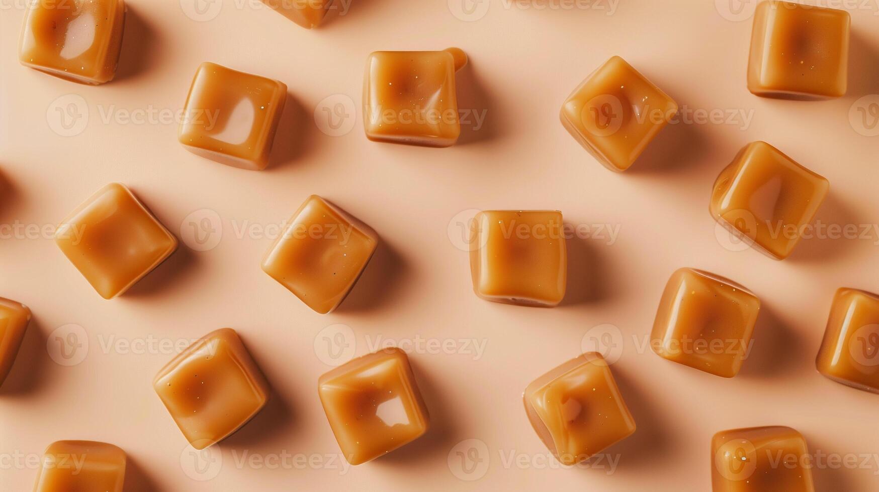 Cluster of caramel candies spread out on a neutral background, showcasing uniformity in shape and color, gastronomy photography photo