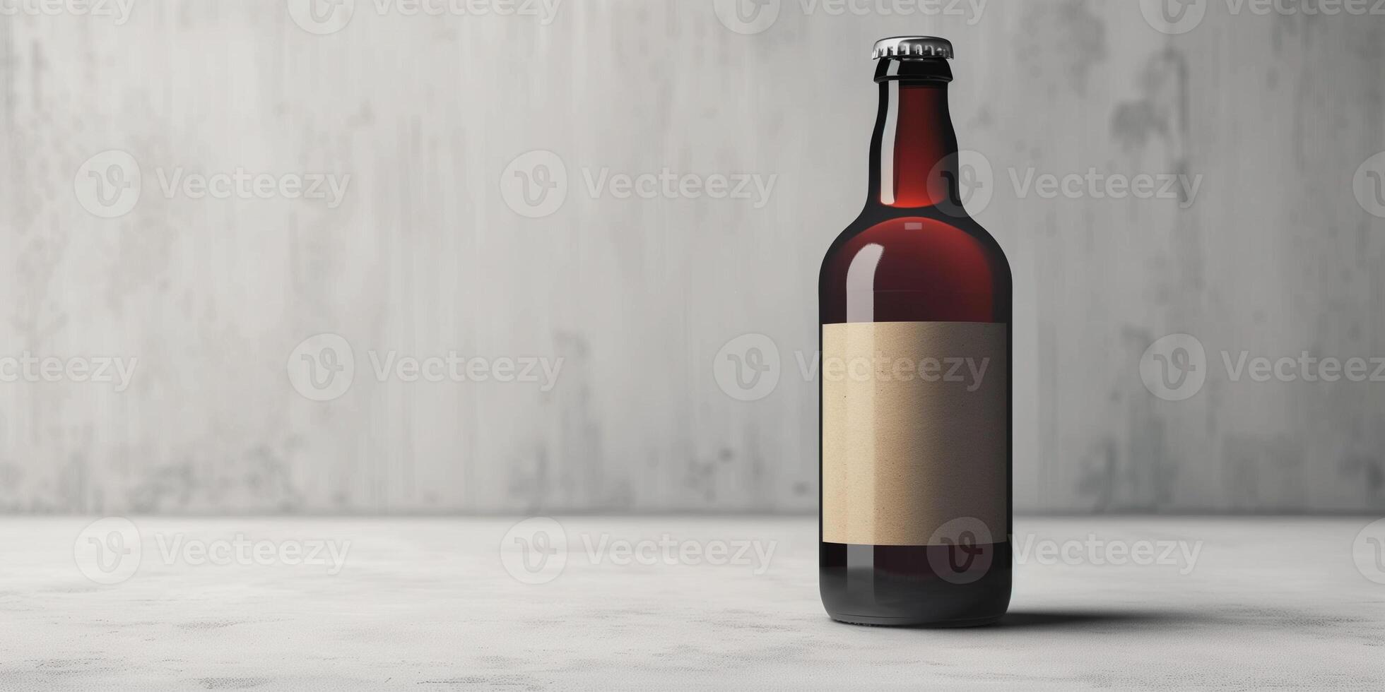 Dark brown kombucha bottle with a simple label, placed on a gray background, photorealistic food photo