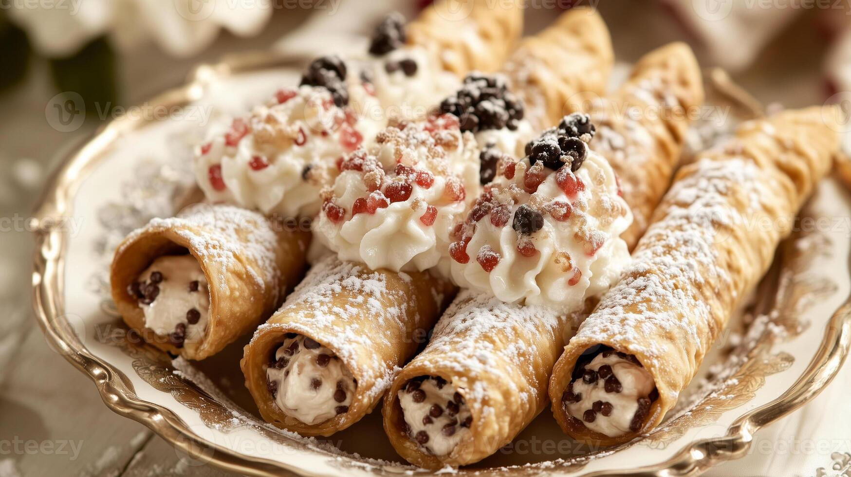 Decorative dish filled with cannoli, highlighting the filled centers and texture of the shells, gastronomy photography photo