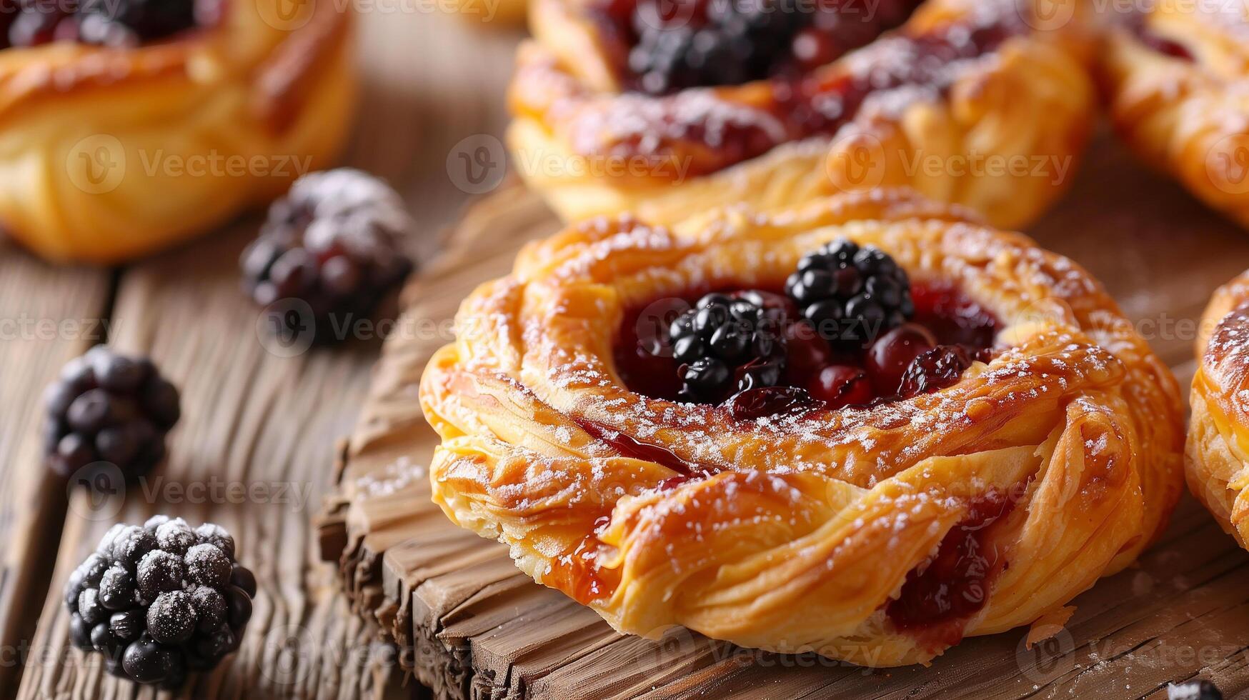 Danish pastry with a twisted shape and a filling of fruit or cheese in the center, gastronomy photography photo