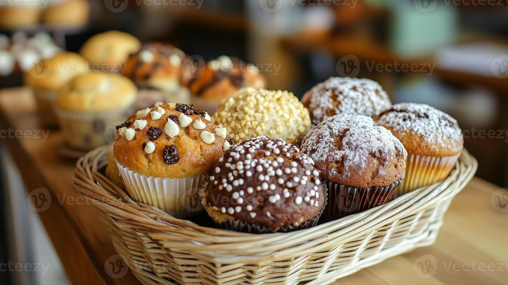 Display of assorted muffins in a basket, each with a distinct, rounded top, gastronomy photography photo