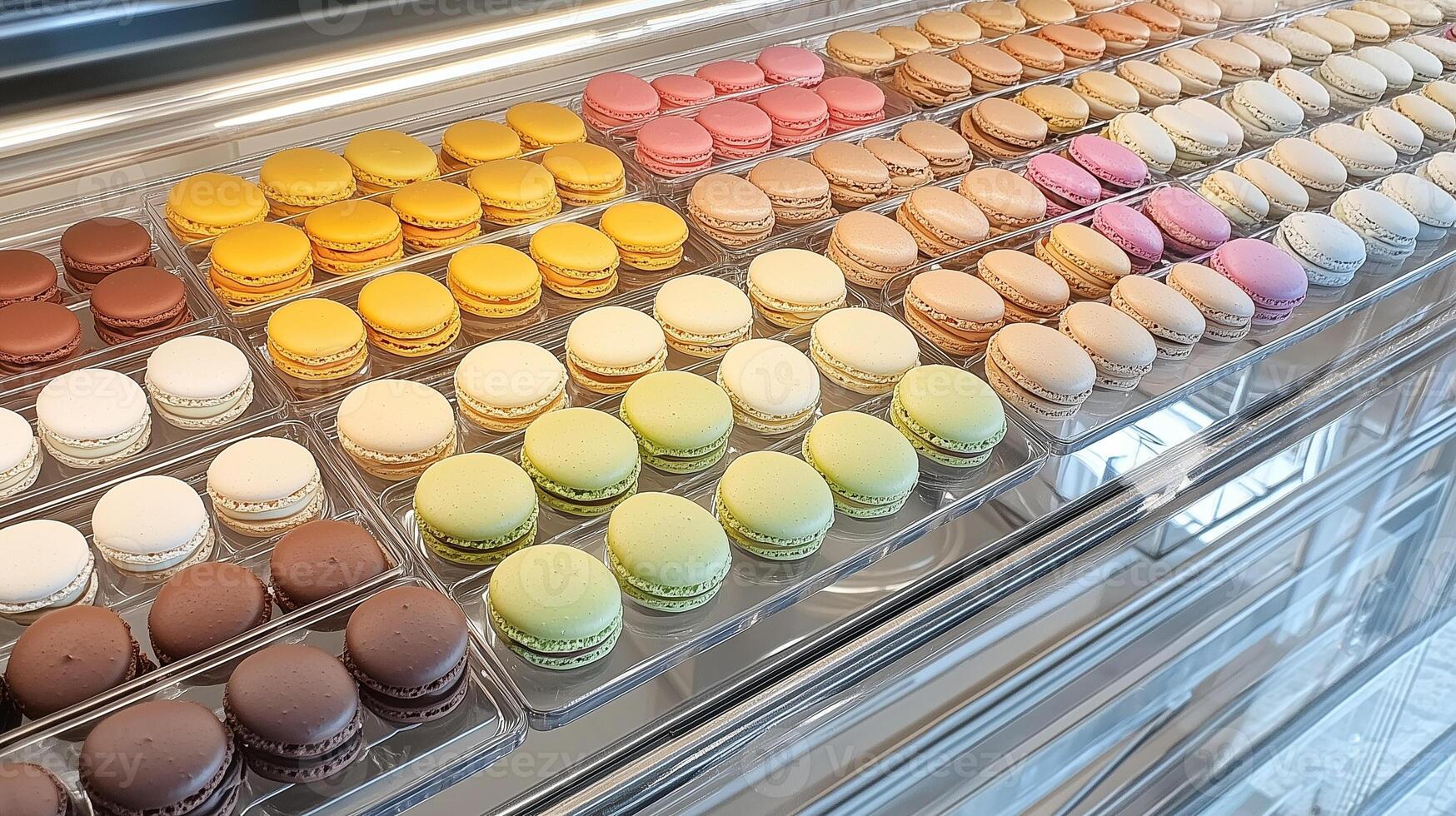 Display of macarons in a glass case, with different flavors and colors visible, gastronomy photography photo