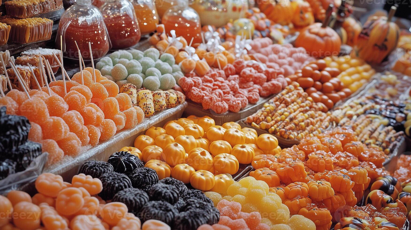 Display of Halloween candies featuring caramels, lollipops, and hard candies, neatly arranged, gastronomy photography photo