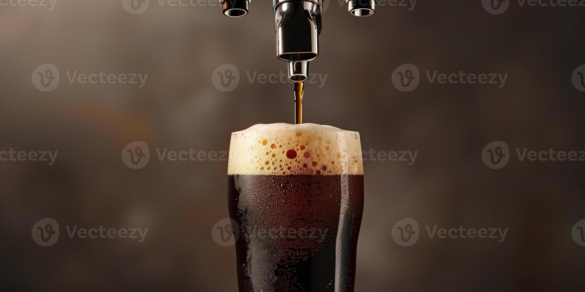 Draft beer tap pouring stout into a glass with a thick, foamy head, photorealistic food photo