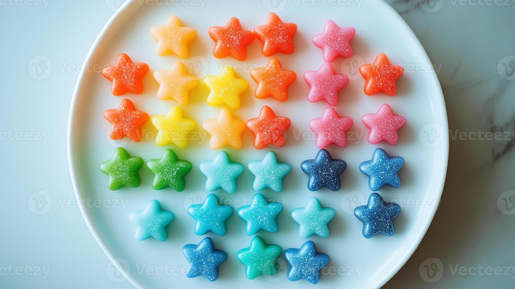 Multicolored star-shaped candies arranged in a neat pattern on a round, white plate, gastronomy photography photo