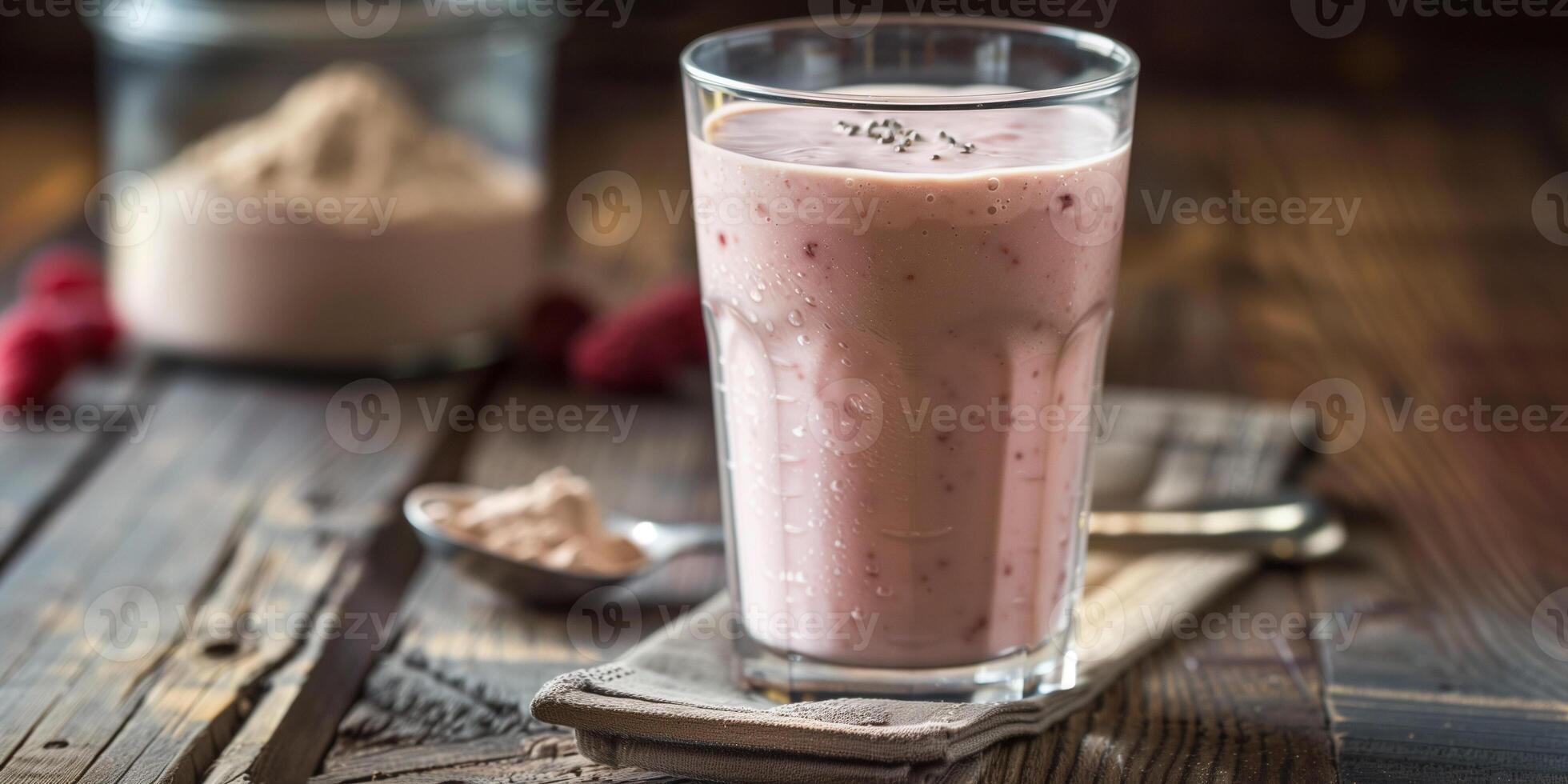 Glass filled with meal replacement shake, with the powder container and scoop in the background, gastronomy photography photo