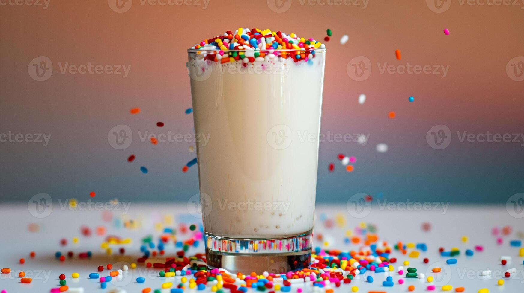 Glass of milk with colorful sprinkles scattered across the surface and a plain background, gastronomy photography photo