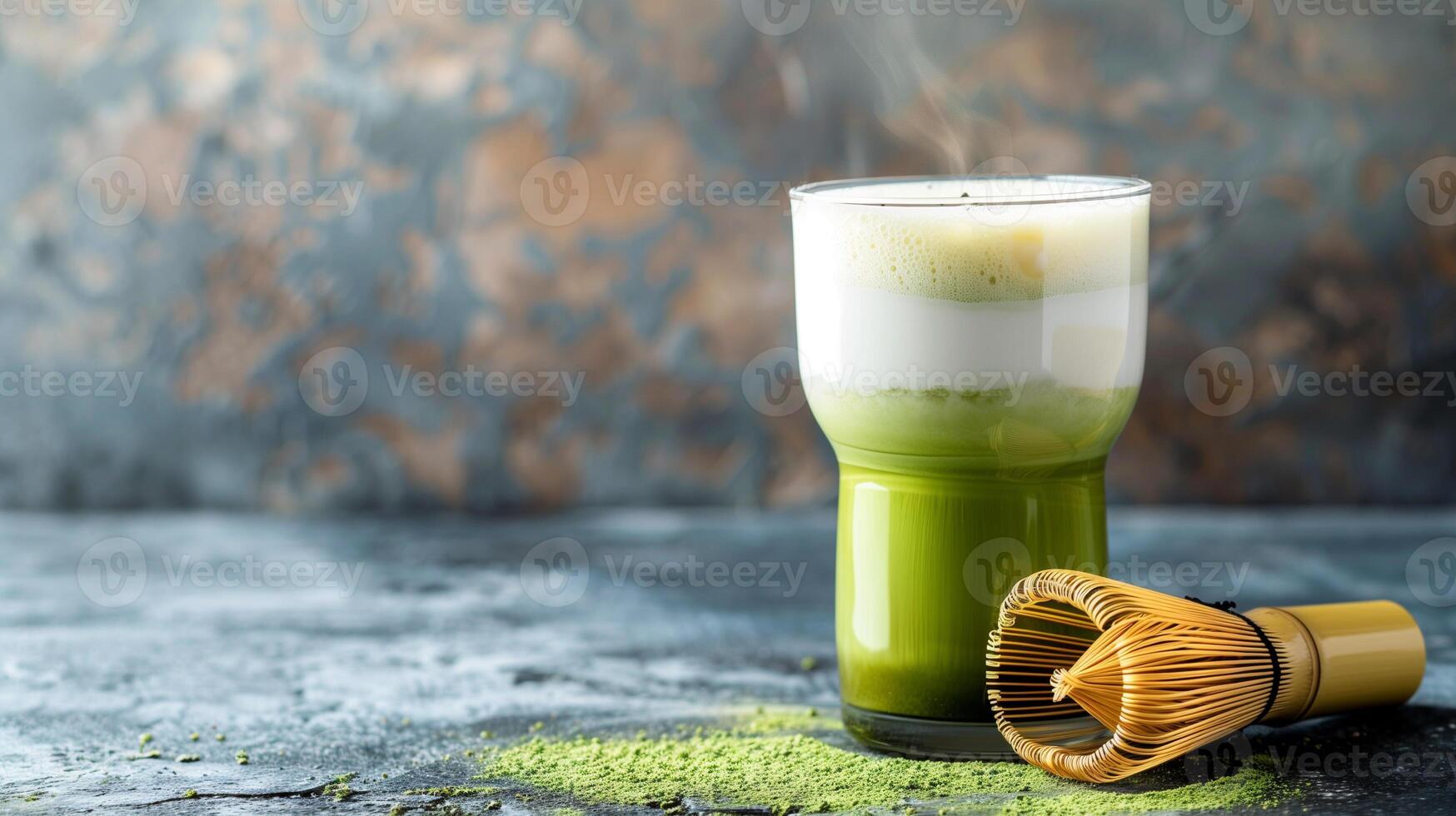 Glass of matcha latte with layers of green tea and milk next to a bamboo whisk, photorealistic food photo