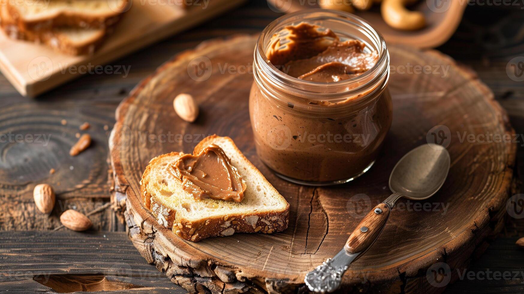 Jar of nut-free spread with the lid removed, beside a slice of toasted bread, photorealistic food photo