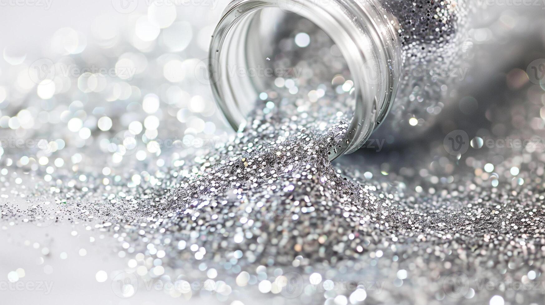 Jar tipped over, spilling silver edible glitter onto light-colored surface, photorealistic food photo