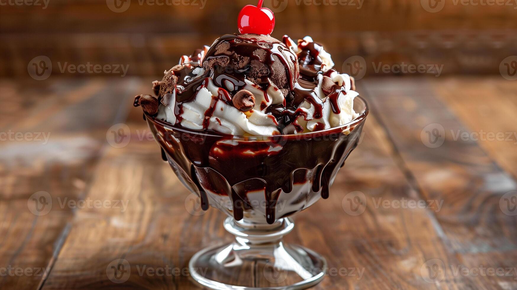 Large ice cream sundae with chocolate sauce and a cherry on top, gastronomy photography photo