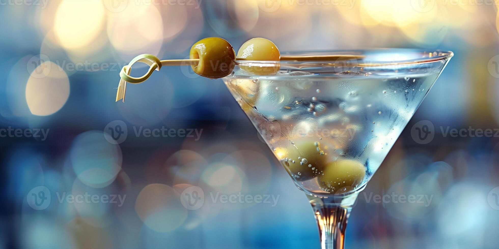 Martini glass with clear liquid and an olive on a toothpick on the rim, photorealistic food photo