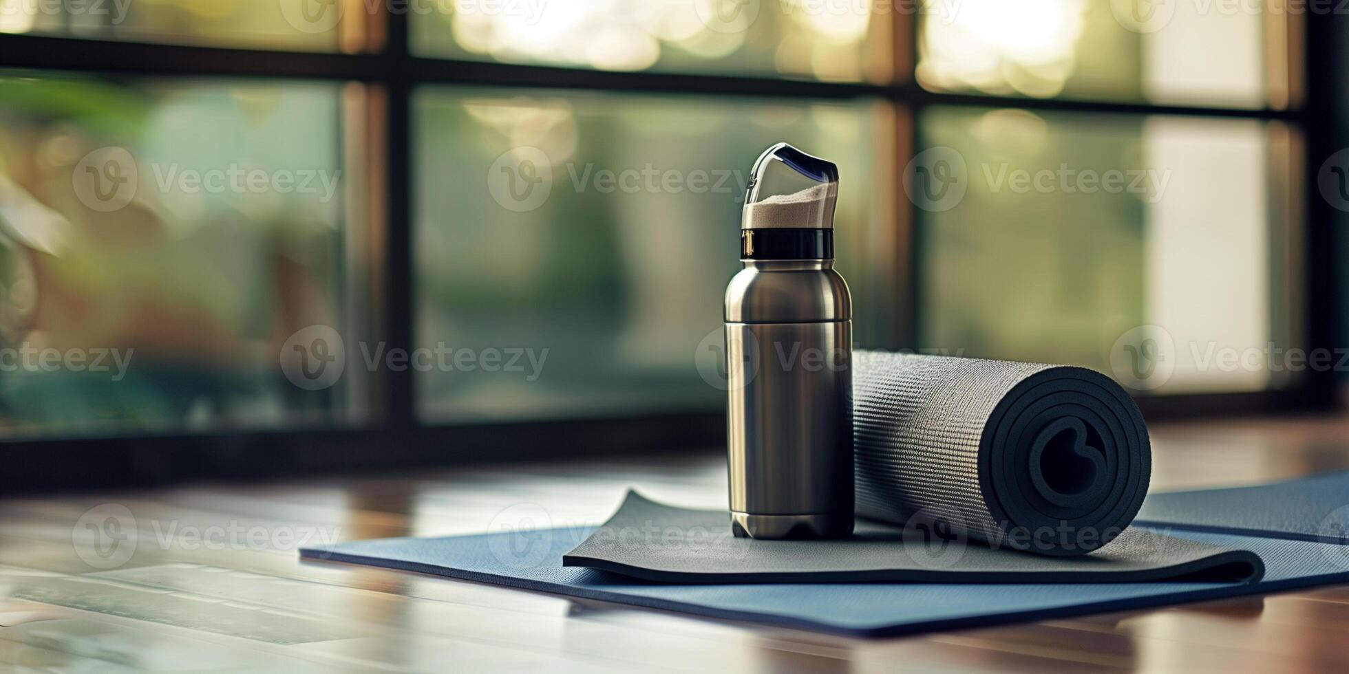 Metal shaker bottle with protein powder on a gym bench beside a rolled-up yoga mat, gastronomy photography photo
