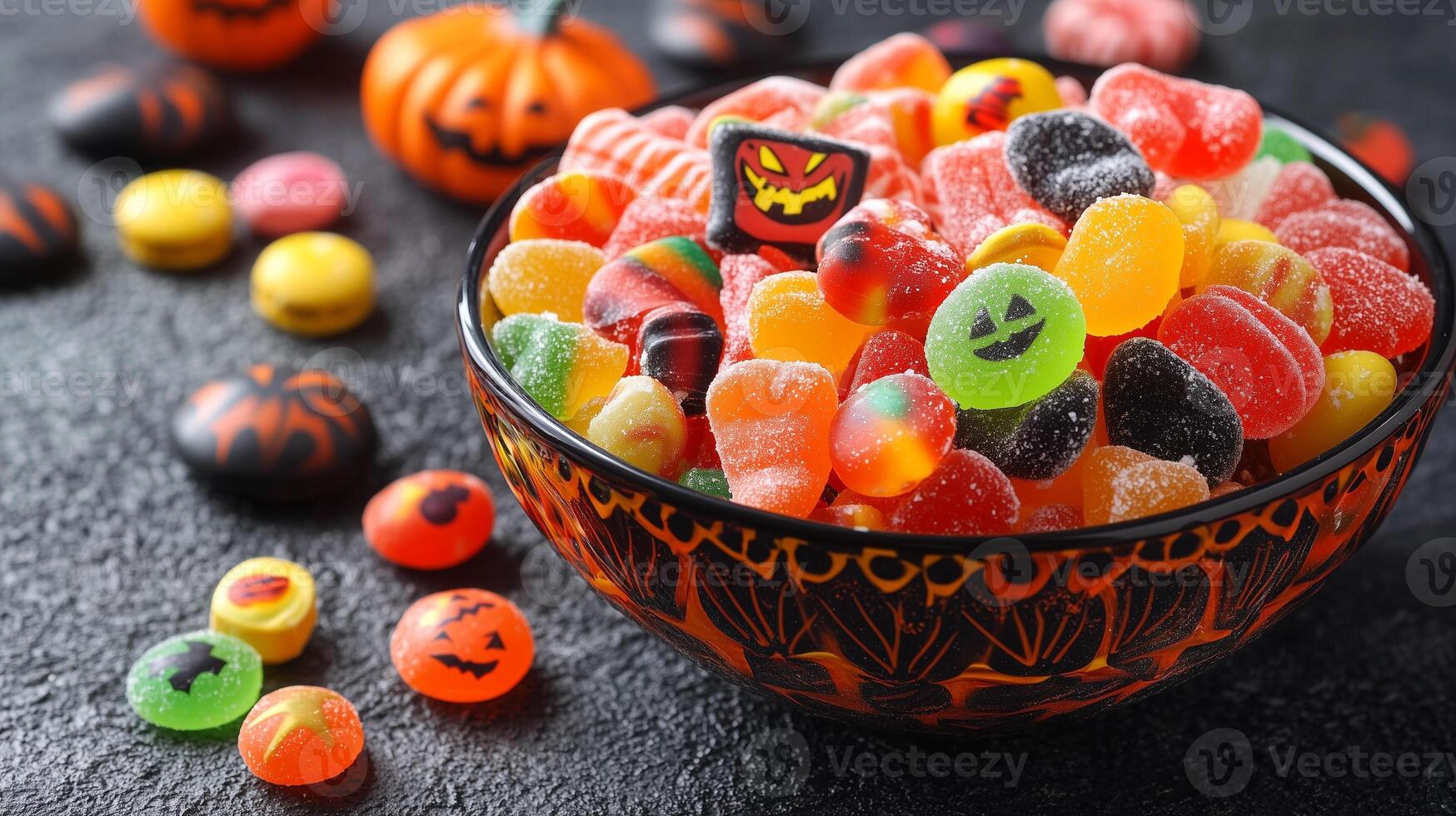 Mix of hard candies and chewy treats in Halloween-themed wrappers, placed in a decorative bowl, photorealistic food photo