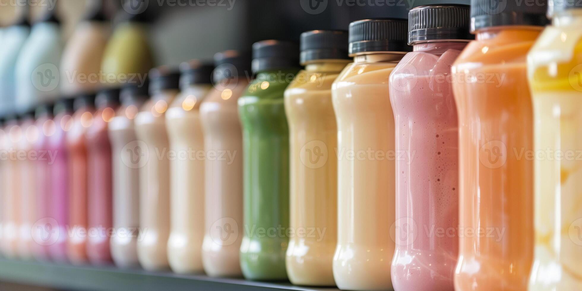Row of meal replacement shake bottles, each displaying different nutritional content and flavor, photorealistic food photo