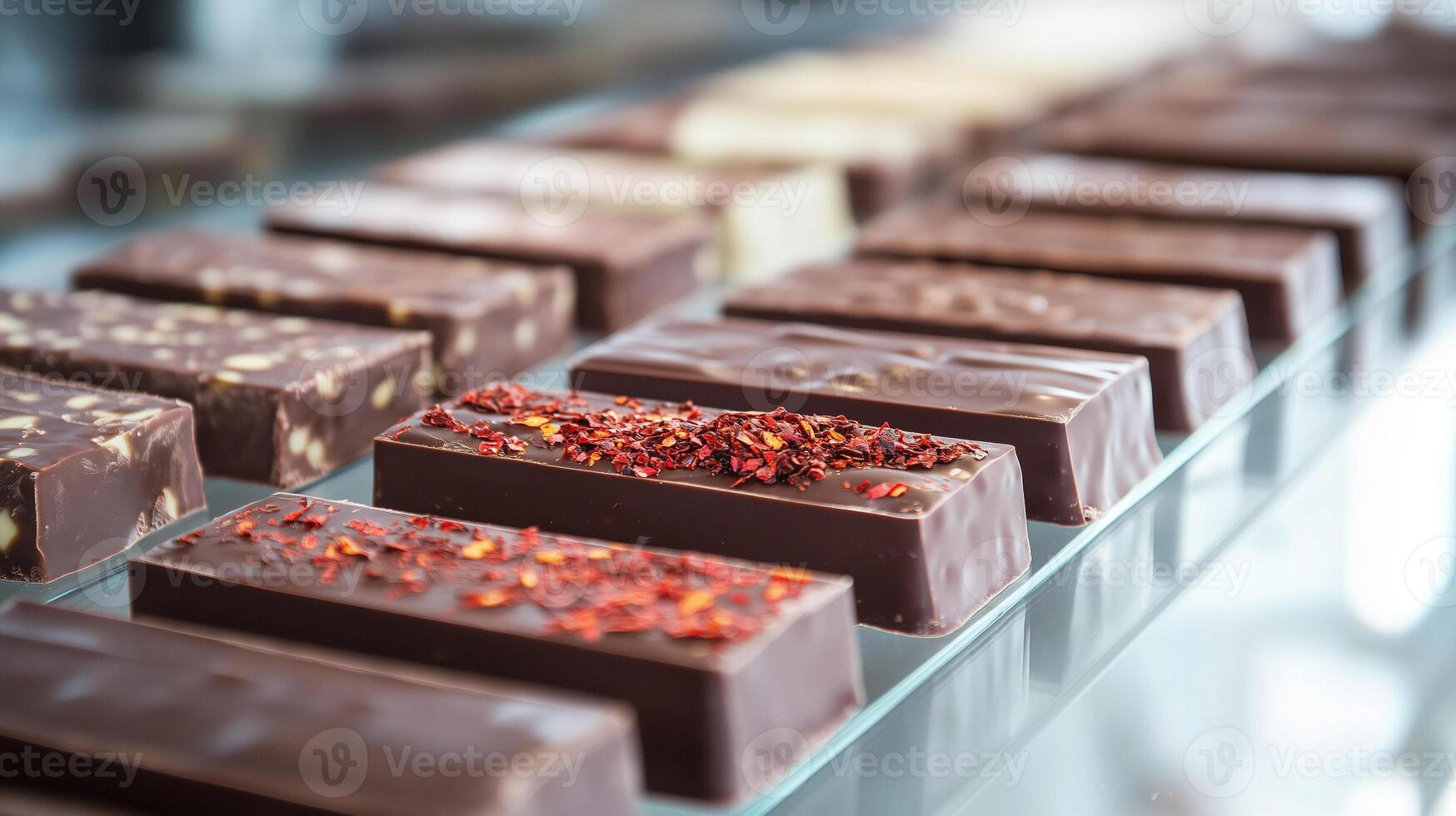 Rectangular chocolate bars with chili powder on a glass shelf, photorealistic food photo