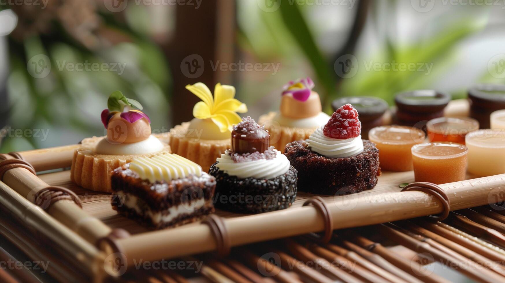 Small round desserts with diverse textures on a bamboo tray, gastronomy photography photo