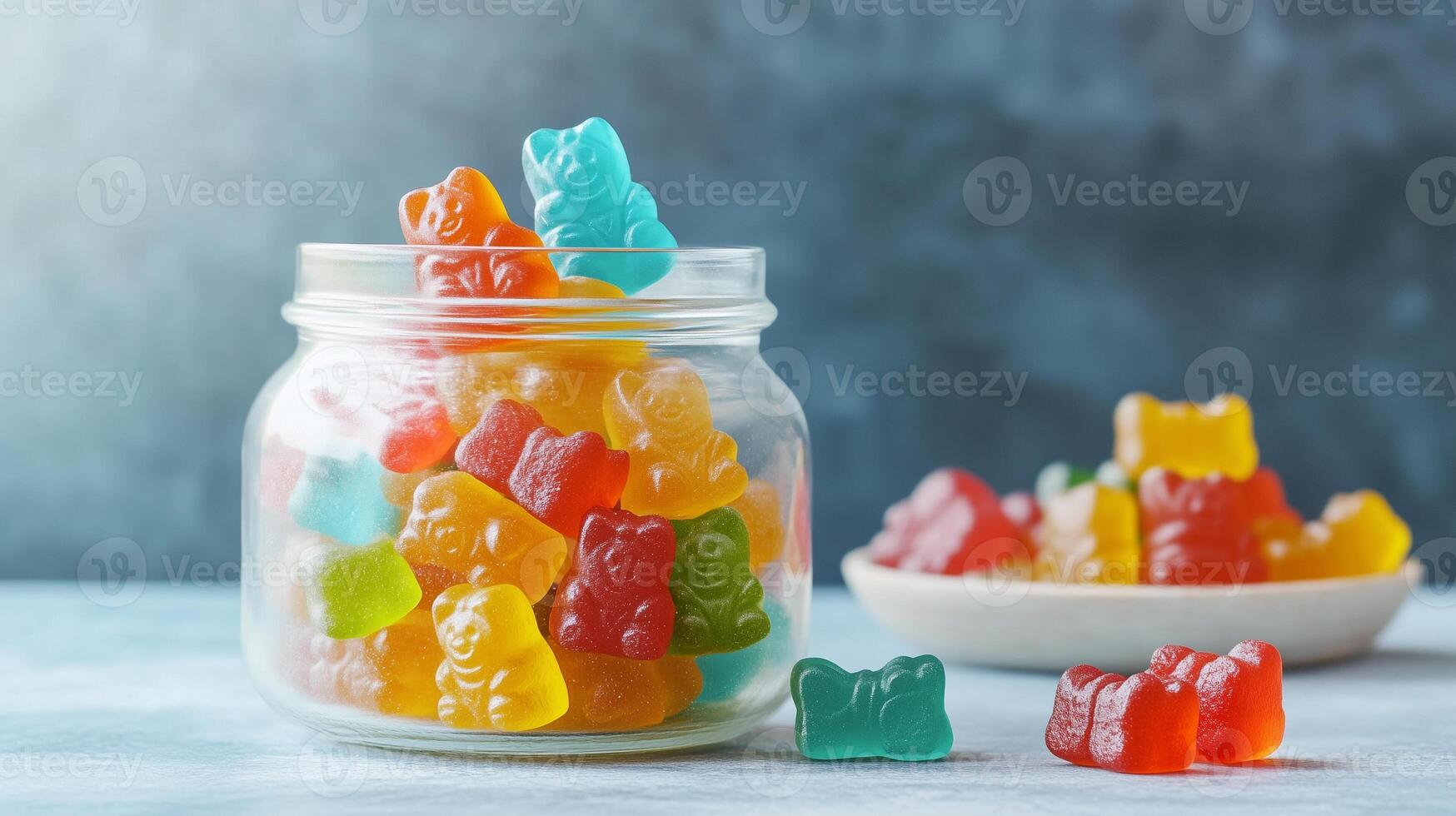 Vegan gummy bears in different colors displayed in a glass jar, photorealistic food photo