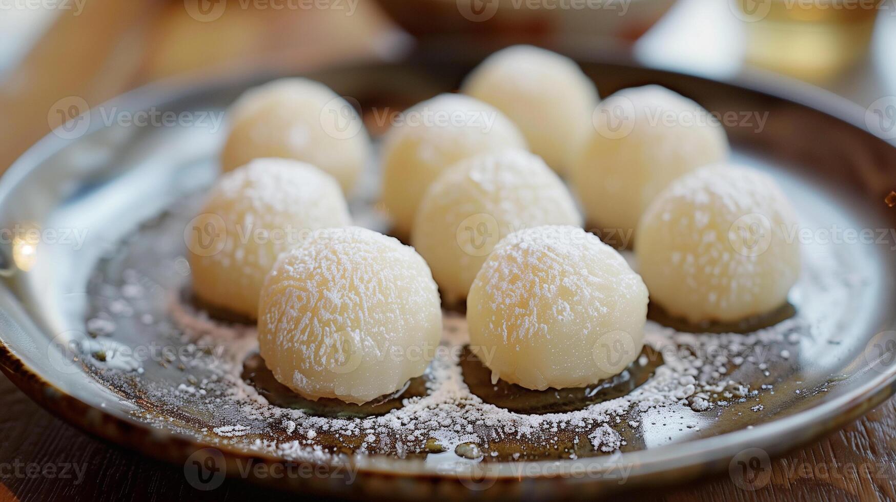 Small spherical mochi cakes coated with powdered sugar on a dish, gastronomy photography photo