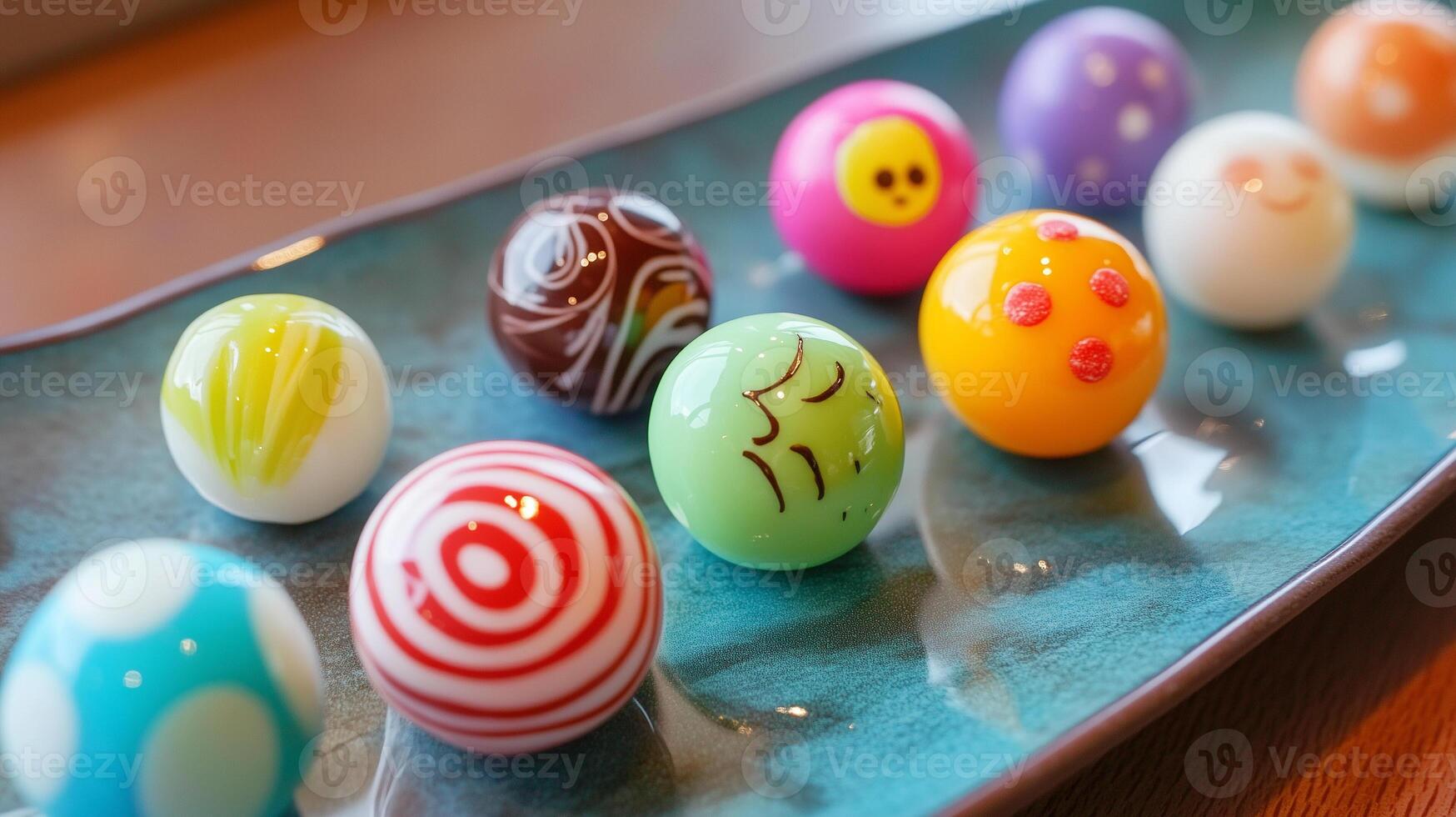 Round candies with themed designs displayed in a straight line on a plate, photorealistic food photo