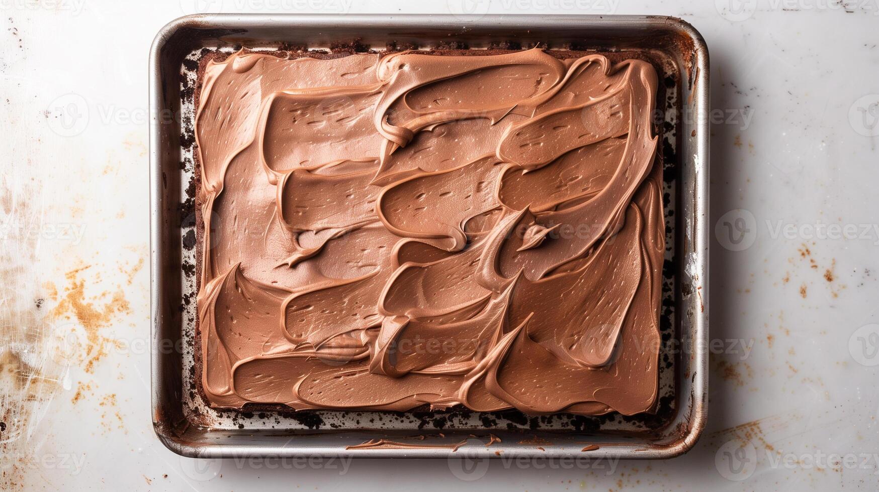 Sheet cake with a smooth surface, positioned on a plain baking sheet, gastronomy photography photo