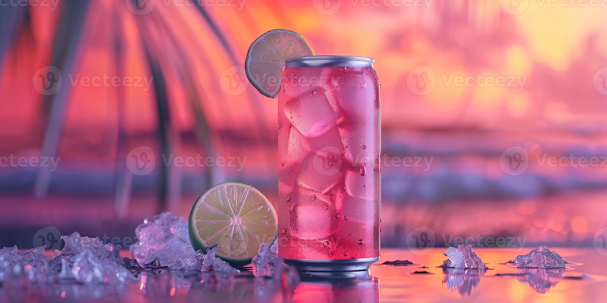 Single can on a table with a glass of pink liquid, garnished with a lime wedge, gastronomy photography photo