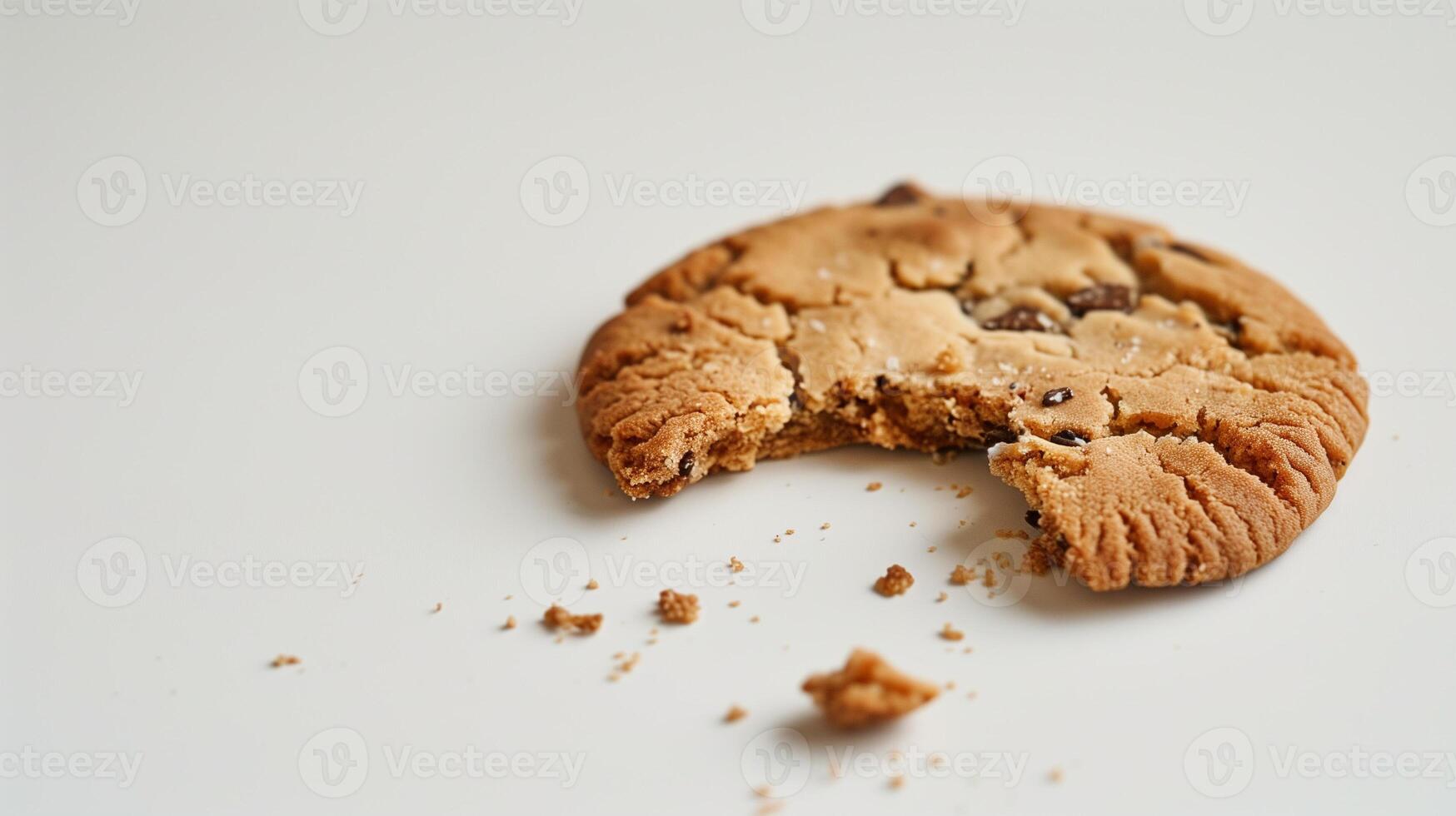 Single cookie on a clean white surface with a slightly broken edge, gastronomy photography photo