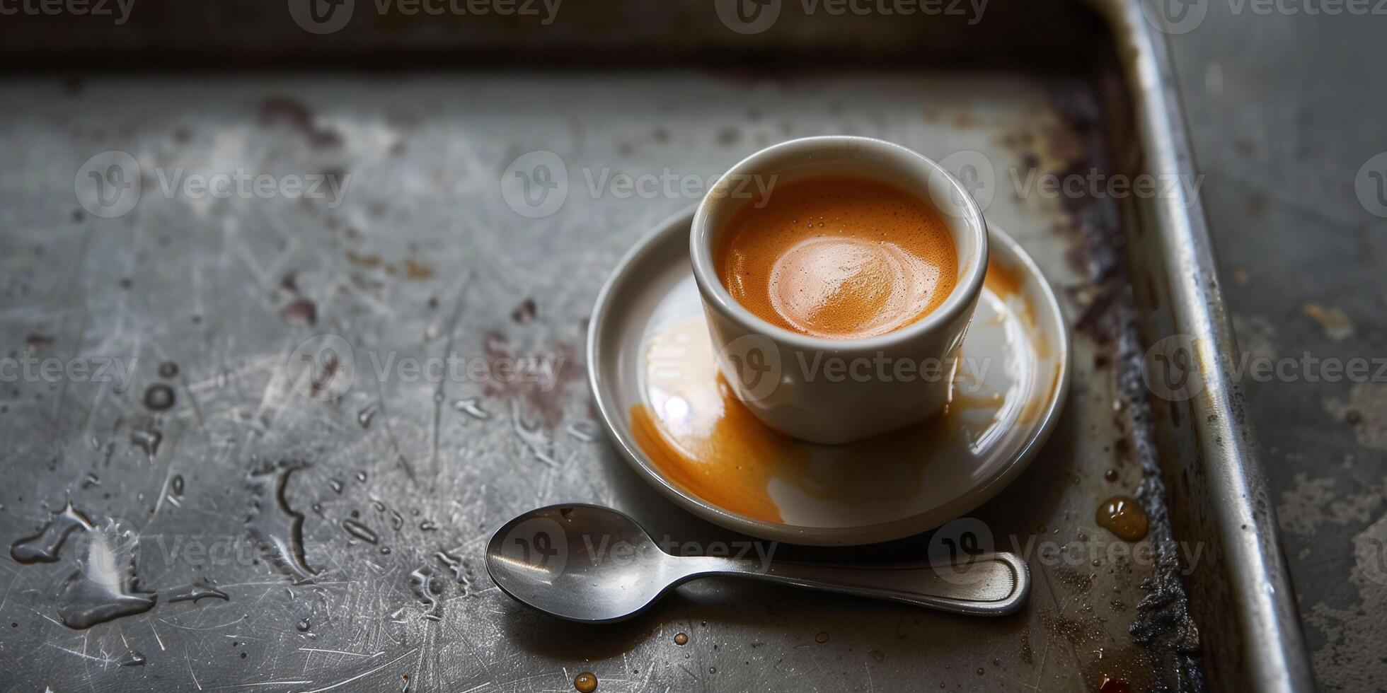 Single espresso shot in a small cup, placed on a metal tray with a teaspoon, photorealistic food photo