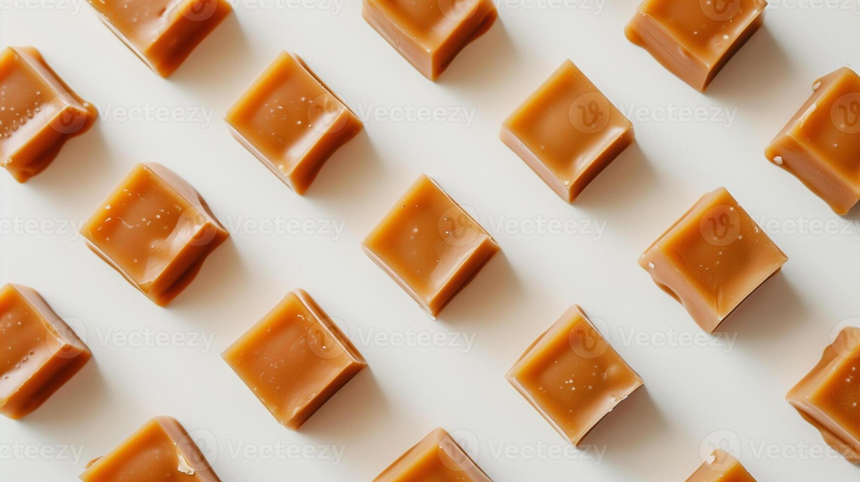Single layer of caramel pieces aligned neatly on a plain white background, showing smooth surfaces, photorealistic food photo