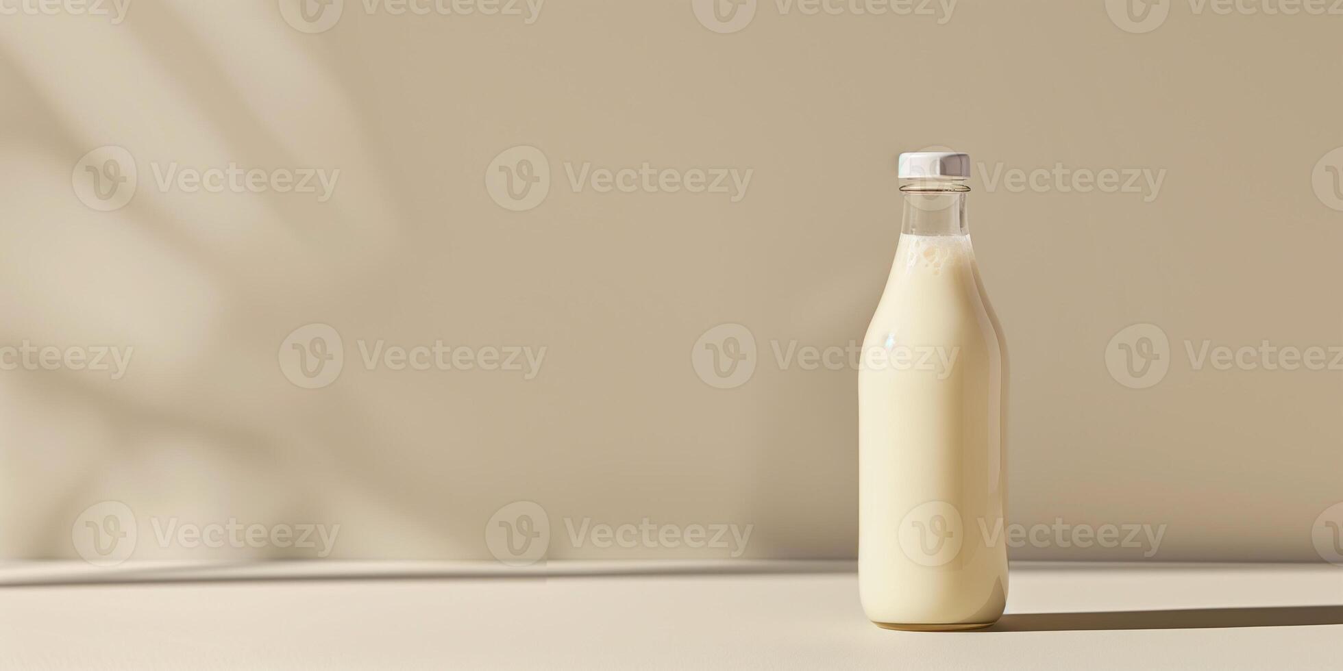 Single-serve bottle of kefir with a clear label, resting on a plain surface with minimal decor, gastronomy photography photo