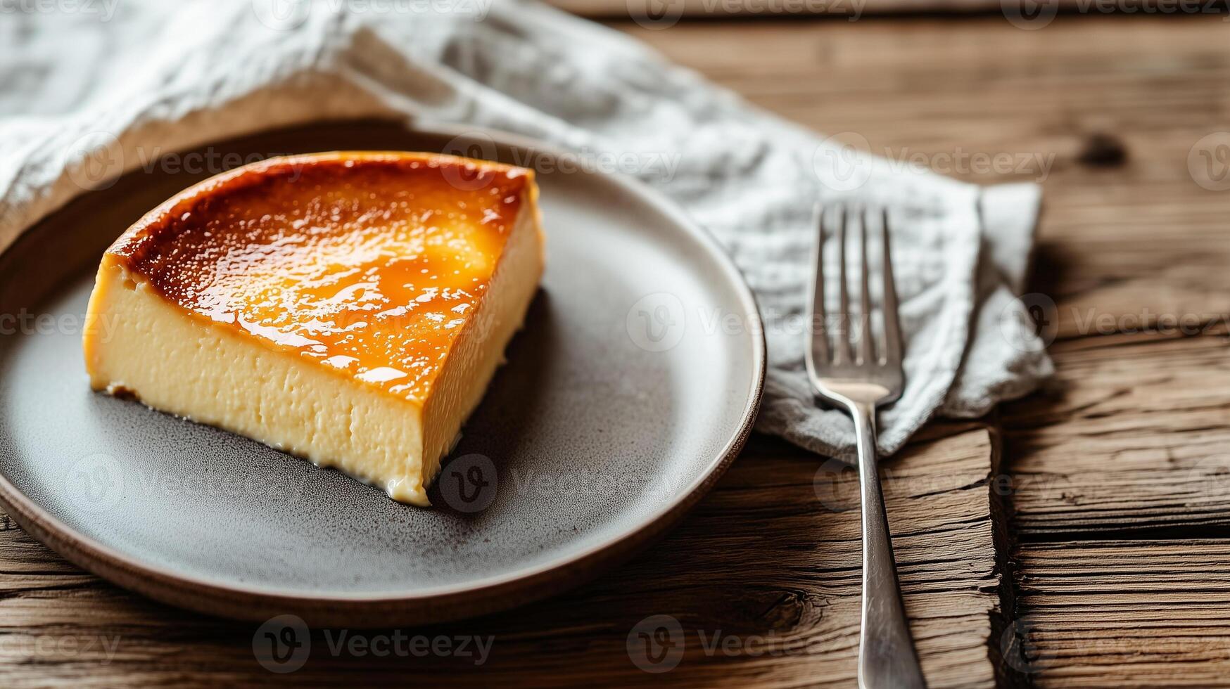Slice of flan being served on a small plate with a fork and napkin, photorealistic food photo