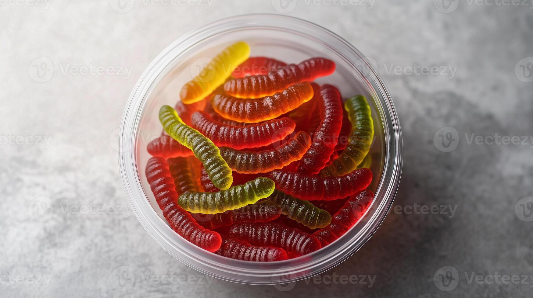 Round container with chili-flavored gummy worms, neatly arranged, gastronomy photography photo