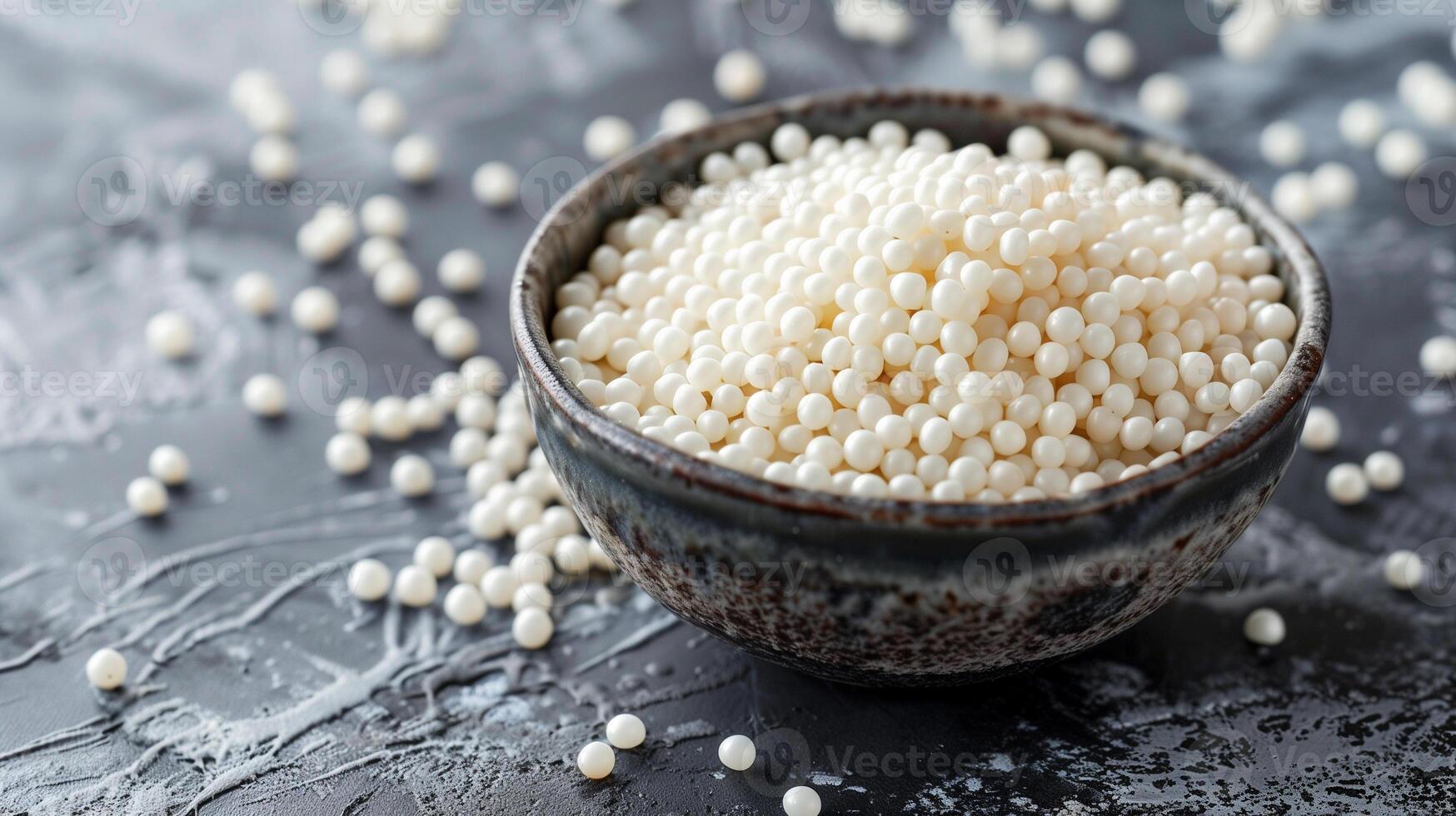 Small dish filled with white nonpareils, with some scattered around on a flat surface, gastronomy photography photo
