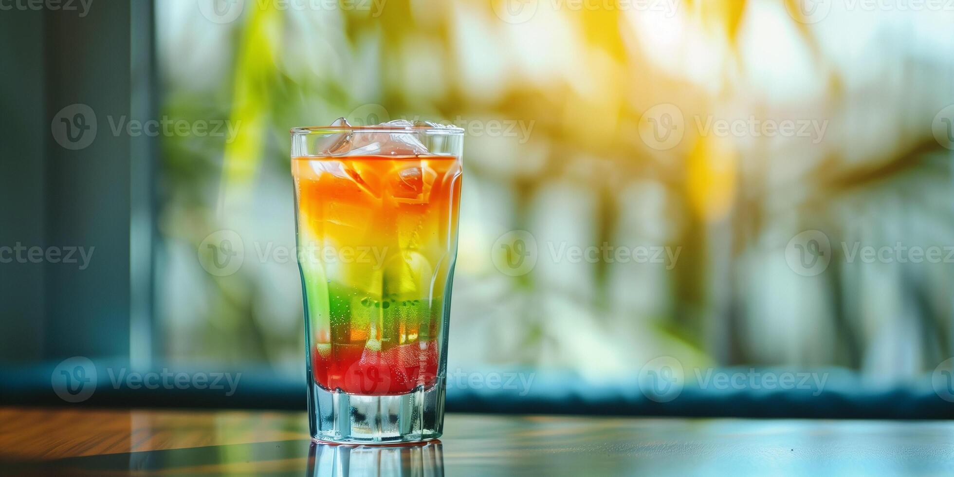 Transparent glass with layered drink in red, yellow, and green hues, photorealistic food photo