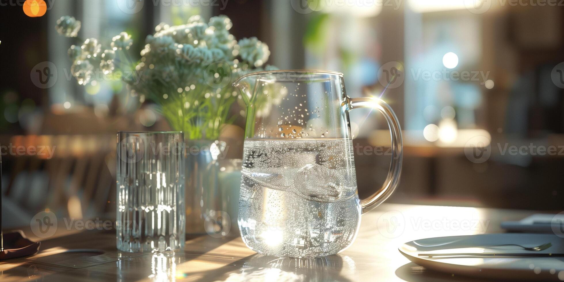 Transparent pitcher filled with sparkling water and bubbles, placed on a dining table, photorealistic food photo