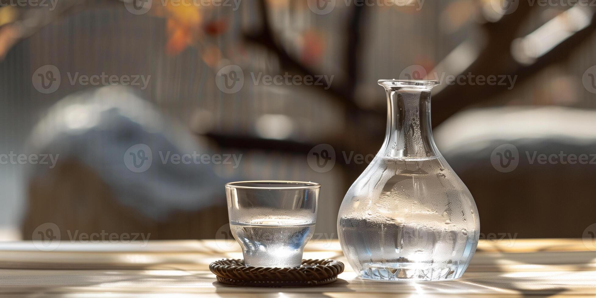 Transparent sake bottle with a cup filled with the same clear liquid on a table, gastronomy photography photo