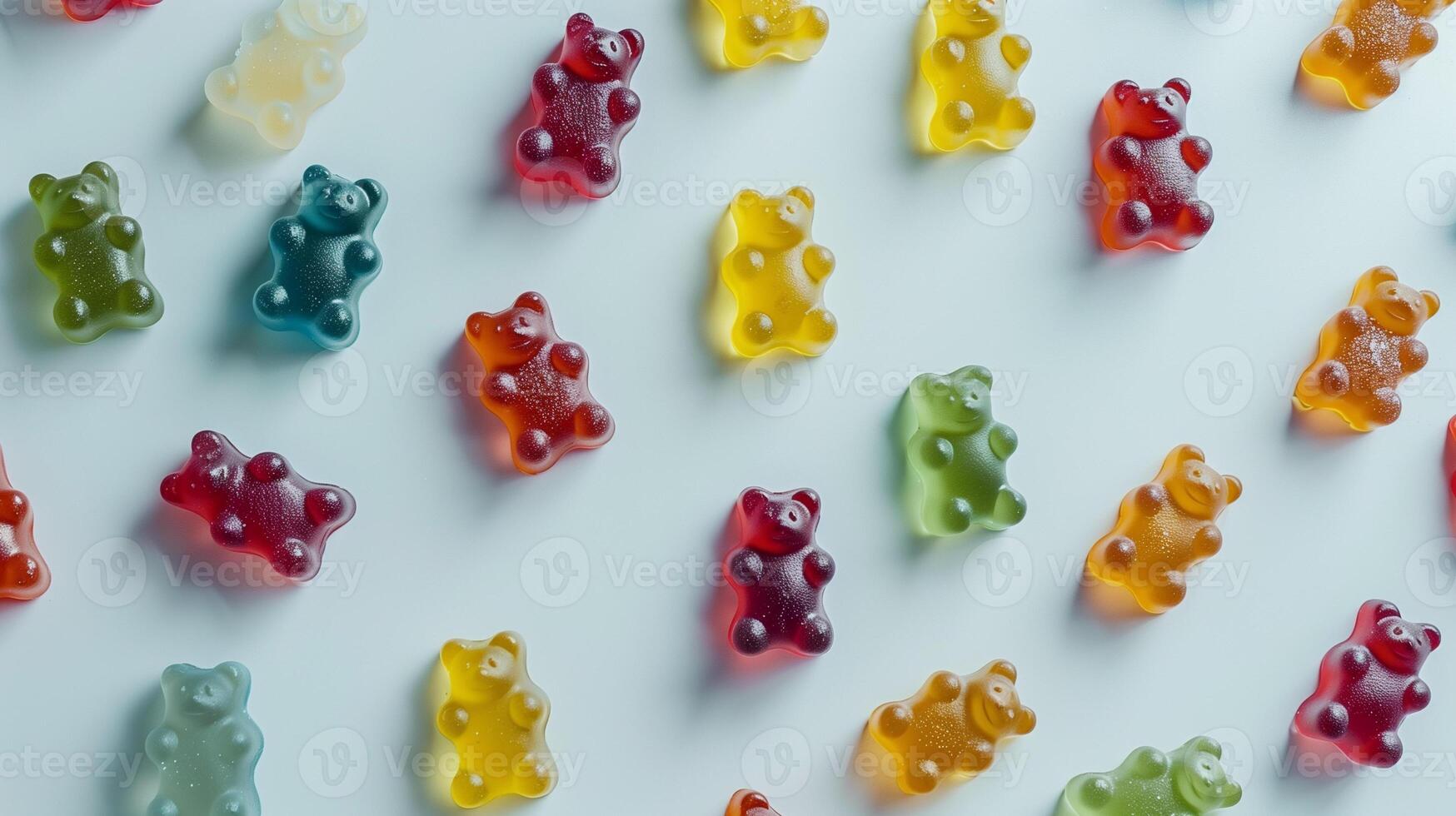 Variety of colorful gummy bears scattered evenly on a smooth white surface, photorealistic food photo