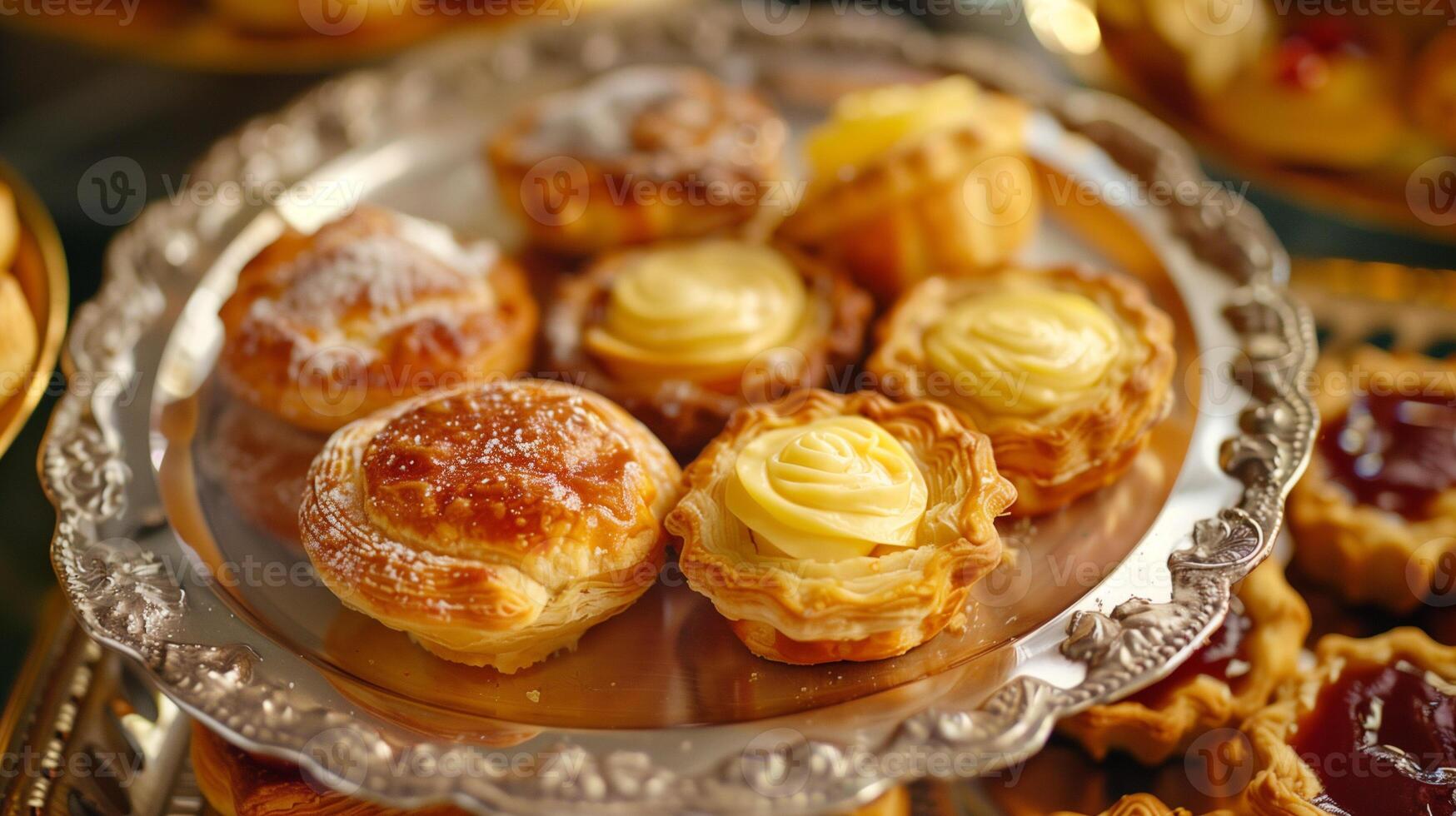 Variety of European puff pastries filled with custard, arranged on a silver tray, photorealistic food photo