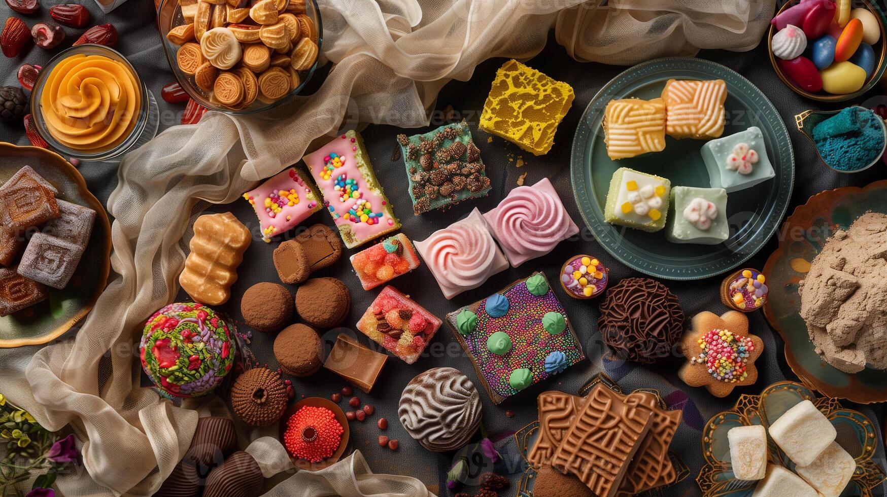 Traditional sweet confections on a decorative cloth-covered surface, photorealistic food photo