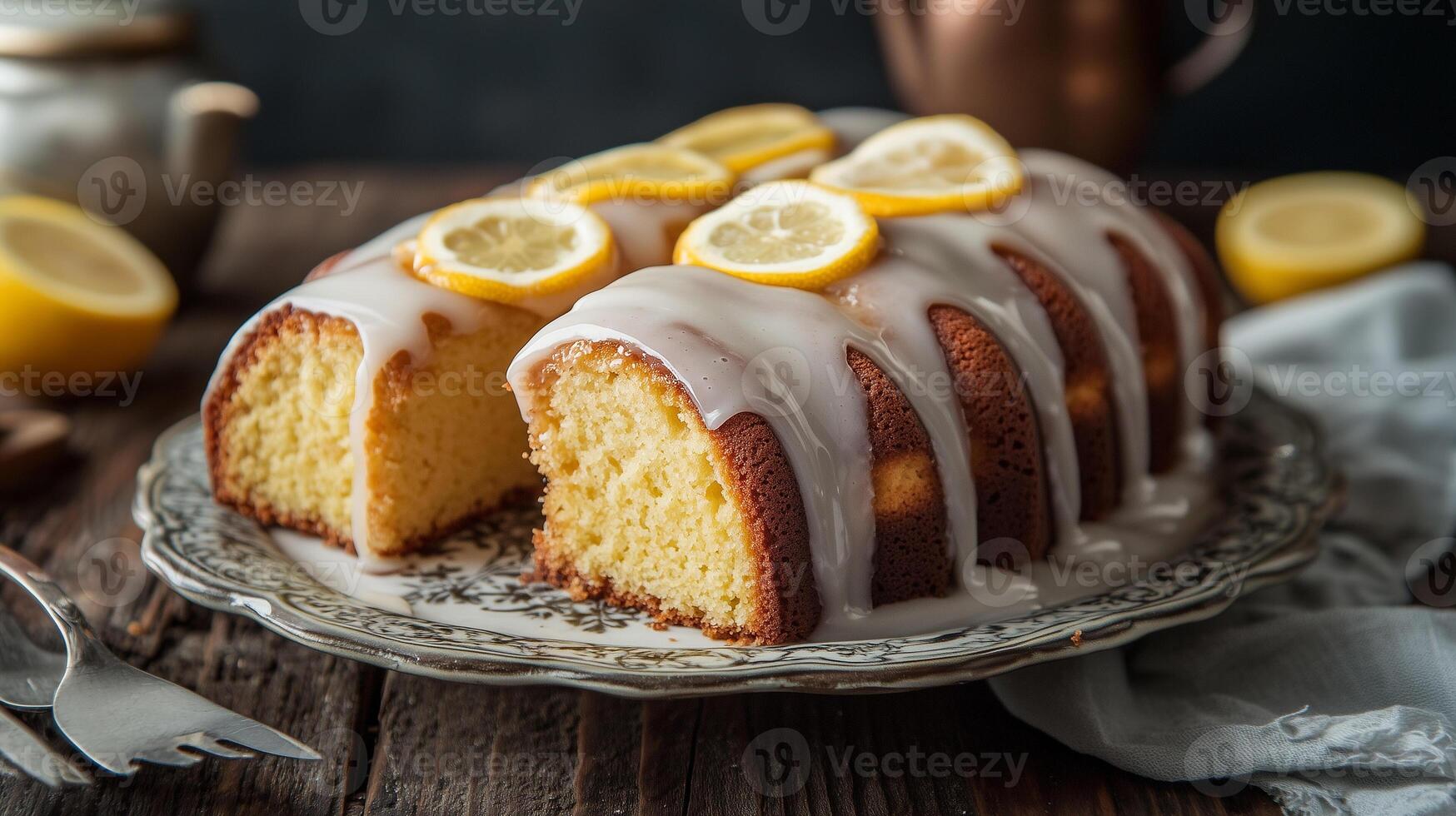 Vegan pound cake topped with a glaze, displayed on a ceramic dish with a serving utensil, gastronomy photography photo