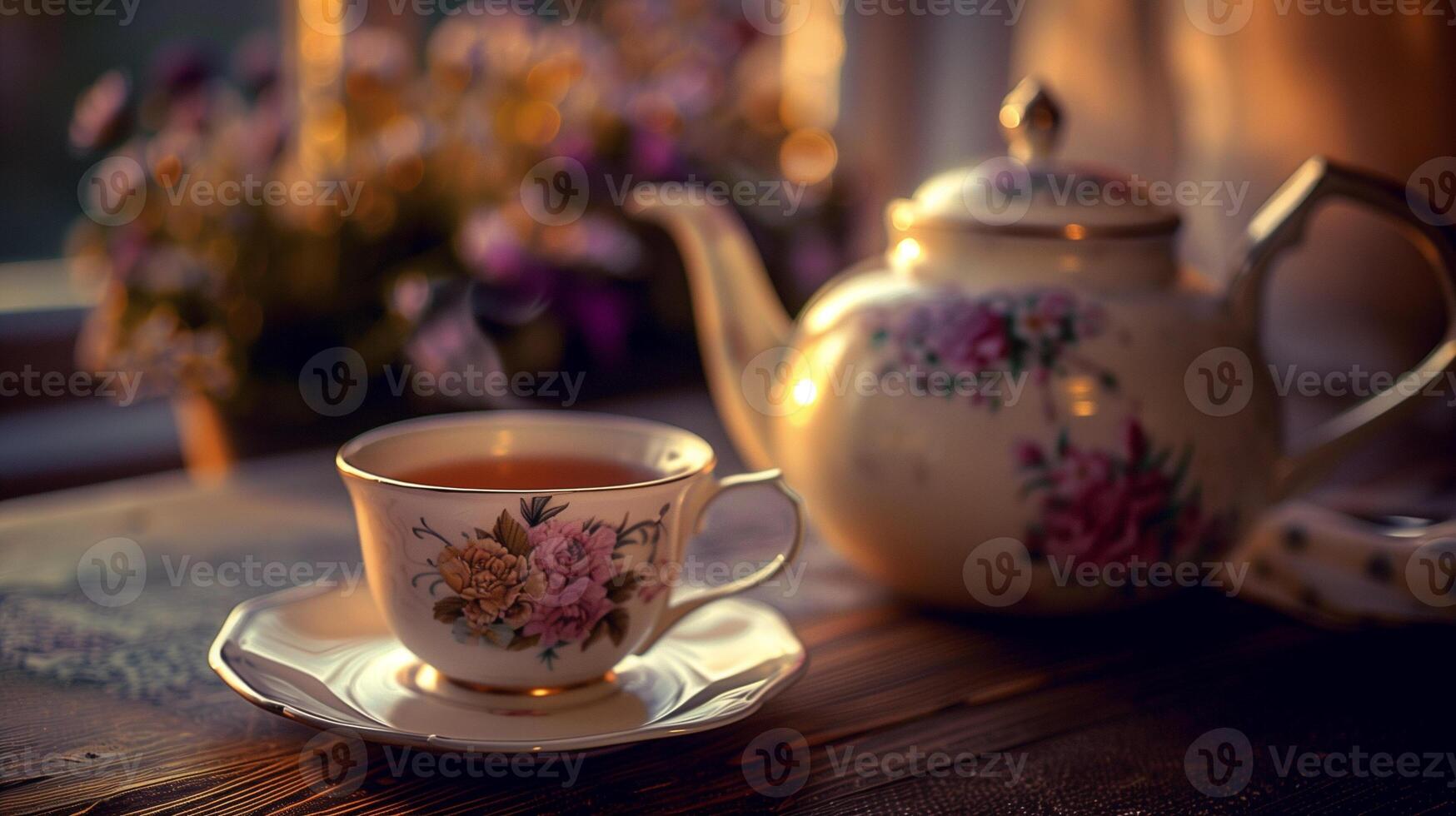 Warm, aromatic drink in a porcelain cup, with a vintage teapot in the background, photorealistic food photo