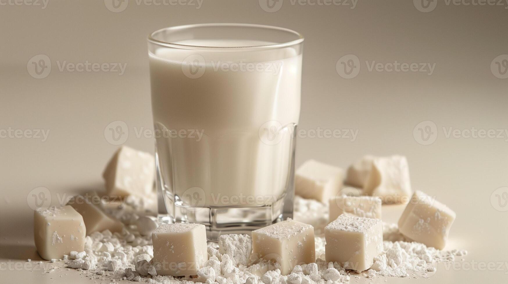 White, opaque liquid in a tumbler, with nougat pieces around the base, gastronomy photography photo
